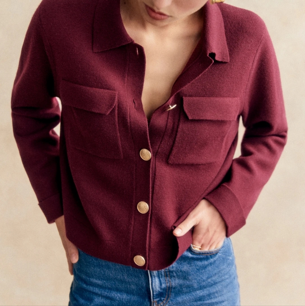 Sezane Betty Cardigan Burgundy w/ Gold Buttons Sz Large